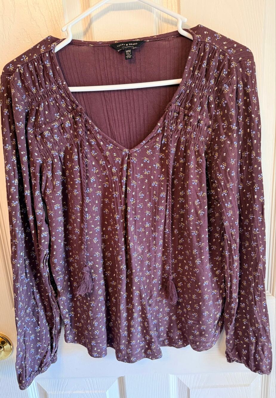 Lucky Brand smocked peasant top, burgundy floral pattern, notch neck detailing.
